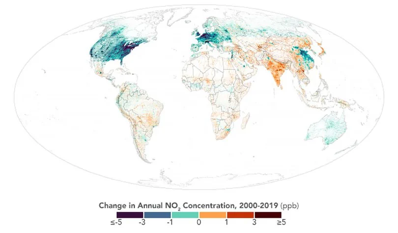 Mapa mundial de la NASA que ilustra el cambio en las concentraciones anuales promedio de dióxido de nitrógeno de 2000 a 2019. Mapa mundial de la NASA que ilustra el cambio en las concentraciones anuales promedio de dióxido de nitrógeno de 2000 a 2019.